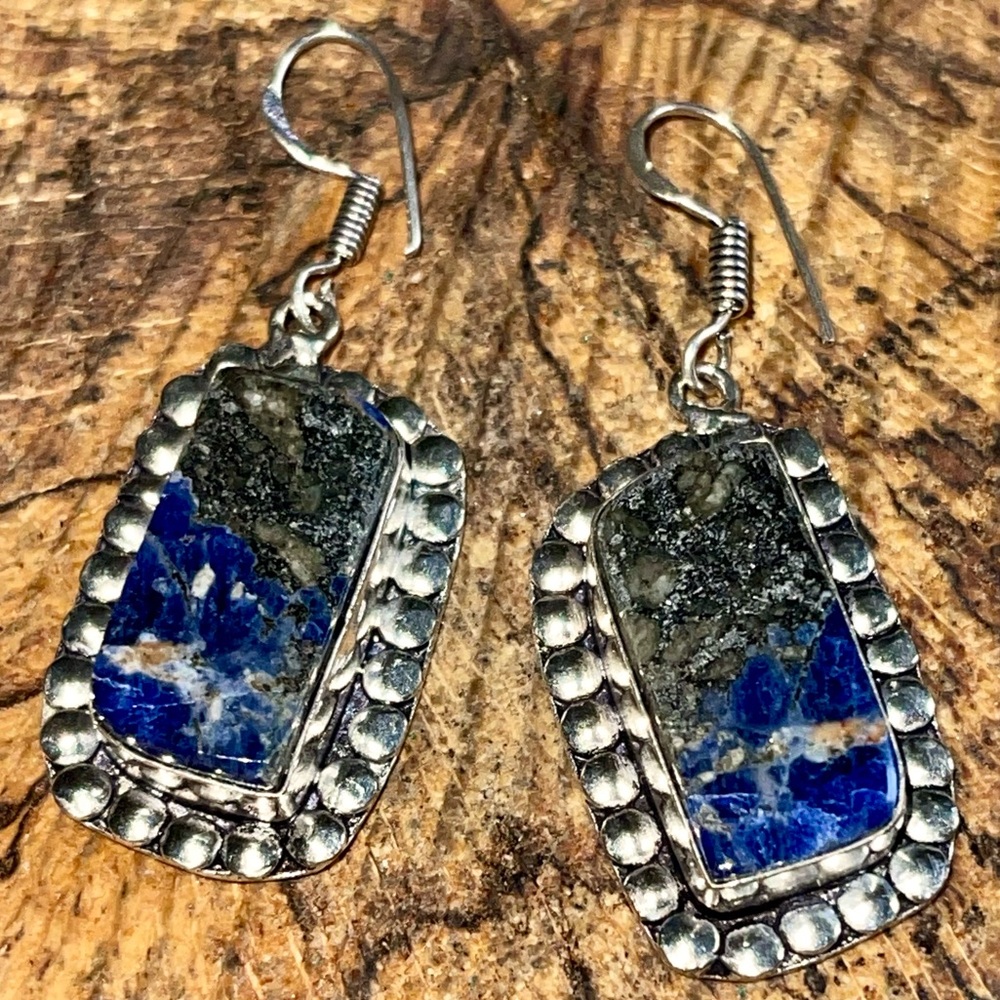 Navy Sodalite with Pyrite Earrings 1 1/2” - Picture 9 of 11
